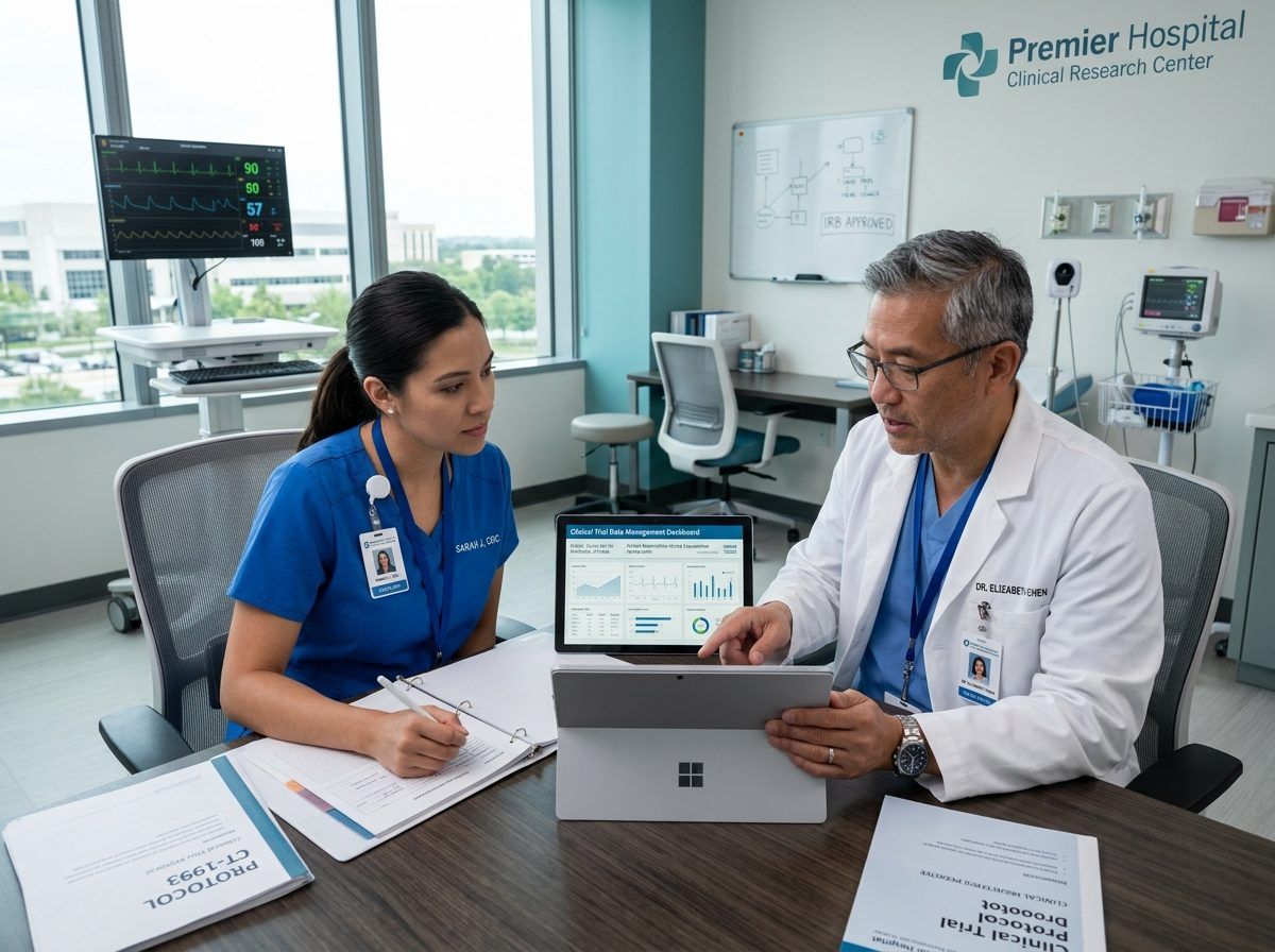 Clinical trial investigators reviewing medical device data in hospital research center
