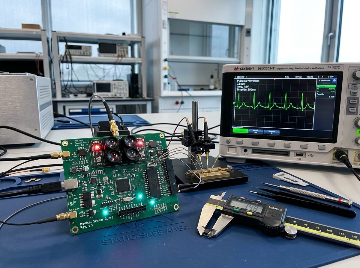 Biomedical engineering bench test with digital oscilloscope, medical sensor board, and precision calipers