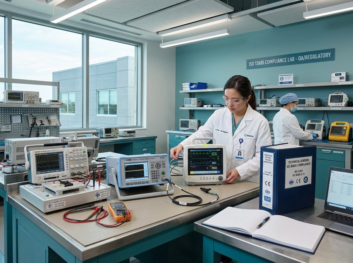 Medical device QA regulatory lab showing ISO 13485 technical dossier and electrical safety testing rig
